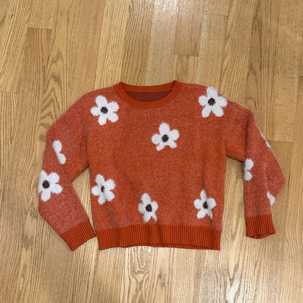 Women's Sweater - Rust/Orange w/ White Flowers Size Medium M